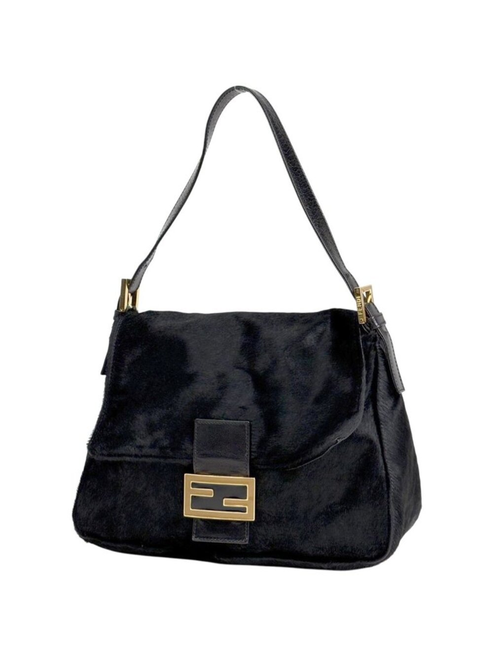 Fendi Zucca Logo Shoulder Bag Mamma Baguette Calf Hair Black - Picture 1 of 12